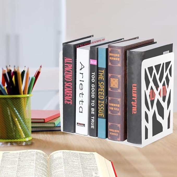 Book Ends, Bookends, Bookends for Shelves, Bookend, Book Ends for Heavy Books, White Metal Book Shelf Holder Home Decorative, Book Stoppers for Shelves, Bookend Supports 5 Pair