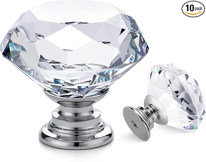 Ravinte 10 Pack Crystal Drawer Knobs - Glass Cabinet Knobs, Diamond Shaped, 30 mm with Silver Base