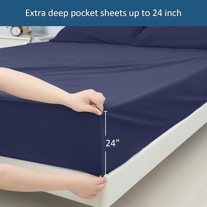 Queen Sheet Set for Air Mattress - Sheets Queen Size Bed Set - 3Pcs Side Storage Pocket Fitted Sheet & Pillowcases Easily Fits 16in to 24in Pillow Top Air Bed Mattress - Navy Blue