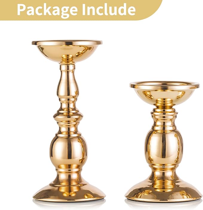 2 Pcs Gold Pillar Candle Holders, Gold Candlestick Most Ideal for 3" Pillar Candles, Gifts for Wedding, Party, Home, Spa, Reiki, Votive Candle (S + L)