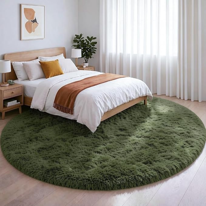 Amdrebio Olive Green Round Shag Area Rug 4Ft - Image 5