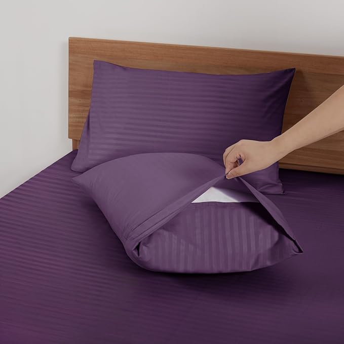Mejoroom Striped King Size Bed Sheet Set - Hotel Luxury 1800 Bedding Sheets & Pillowcases - 15" Deep Pocket Fitted Sheet, Soft, Breathable, Wrinkle & Fade Resistant - 4 Piece(02-Purple)