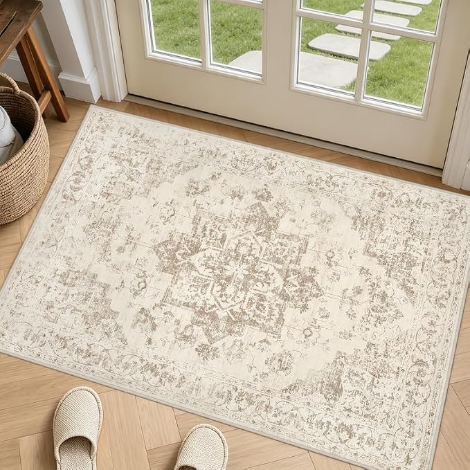 Washable Area Rugs 2x3: Living Room Bedroom Carpet Beige/Ivory | Vintage Boho by Luxturiy