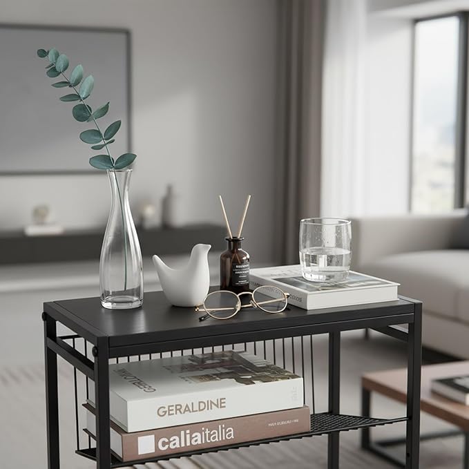 Dulcii Small Side Table for Small Spaces - Slim End Table with Magazine Holder Narrow End Table Living Room - Skinny Bedside Table Nightstand Bedroom Thin Side Table, Black