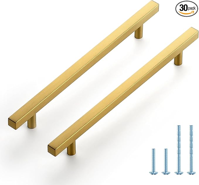 JOY DECOR 30 Pack 7-1/2 Inch Brushed Brass Square Cabinet Handles Stainless Steel Cabinet Hardware Pulls for Kitchen and Drawers with 10 Inch Overall Length