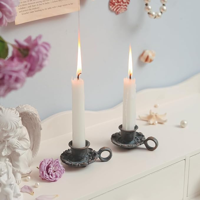 NIKKY HOME Mini Taper Candle Holders Set of 2, Rustic Metal Candlestick for Table Centerpieces, Wedding Decor and Dinner Party, Blue