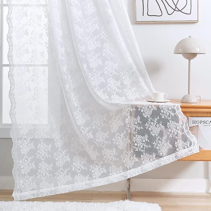 YJ YANJUN Vintage Lace Curtains 63 Inches Length- Elegance Floral White Sheer - Image 4