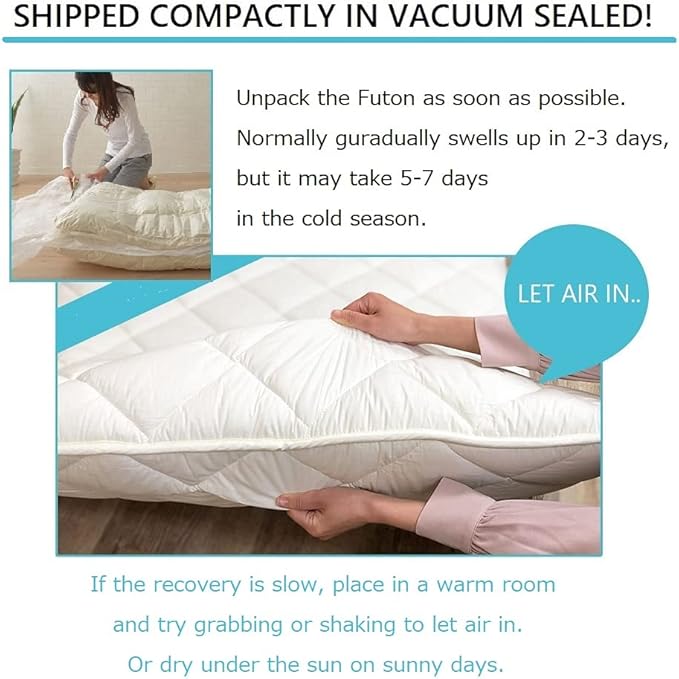 EMOOR Japanese Futon Mattress CLASSE & Fitted Sheet PRESSO Queen Made in Japan, Cotton (White) Foldable Floor Sleeping Bed Tatami Mat