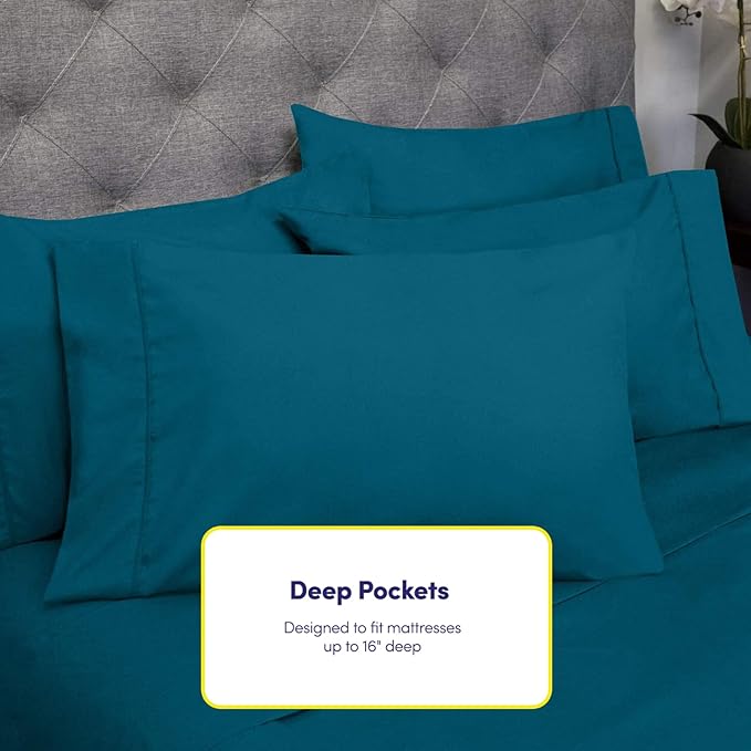Queen Sheets Teal - 6 Piece 1500 Supreme Collection Fine Brushed Microfiber Deep Pocket Queen Sheet Set Bedding - 2 Extra Pillow Cases, Great Value, Queen, Teal