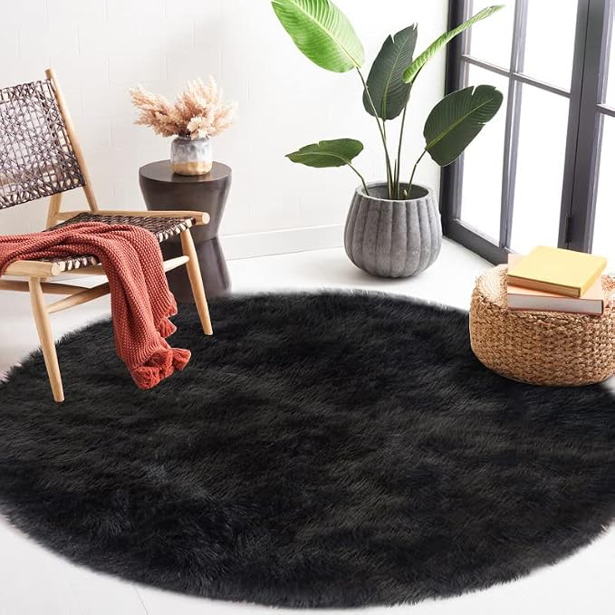 Latepis Black Furry Rugs for Bedroom Circle Faux Sheepskin Fur Rug Fluffy Round - Image 7