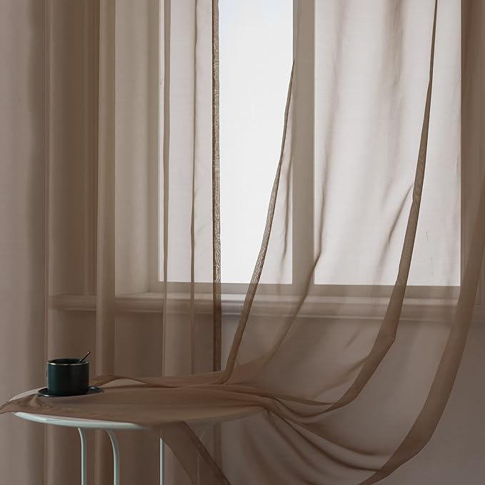 DUALIFE Sheer Curtains Light Filtering Solid Drapes for Window Curtains Sheer Grommet Top (Set of 2, 52 by 72Inch, Chocolate Brown)
