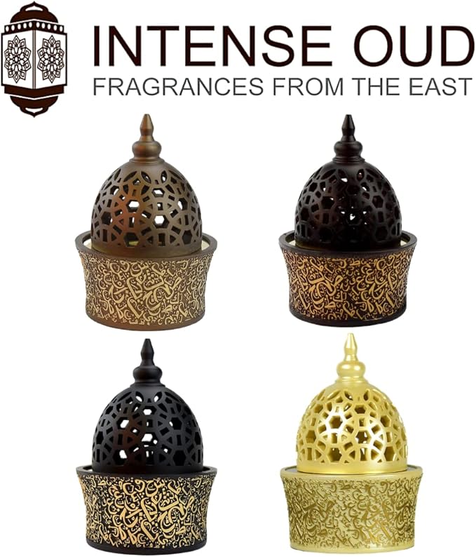 Intense Oud Calligraphy Style Closed Incense Burner – 8 Inch Tall Arabian Bakhoor Burner with Metal Tray, Frankincense Resin Burner for Home & Office Decor – (Xtra Value Pack)