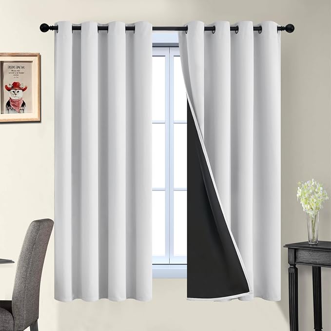 Yakamok Greyish White 100% Blackout Curtains 63 Inches Long, 2 Thick Layers | by Yakamok