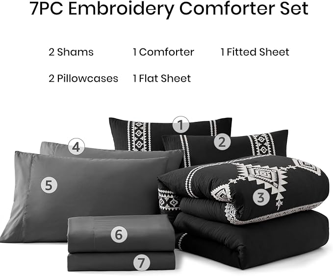 MaiRêve Embroidery King Size Comforter Set Black, Boho Farmhouse Western Bedding Set 7 Pieces, All Season Bed in A Bag Comforter Set with Sheets, Pillowcases & Shams