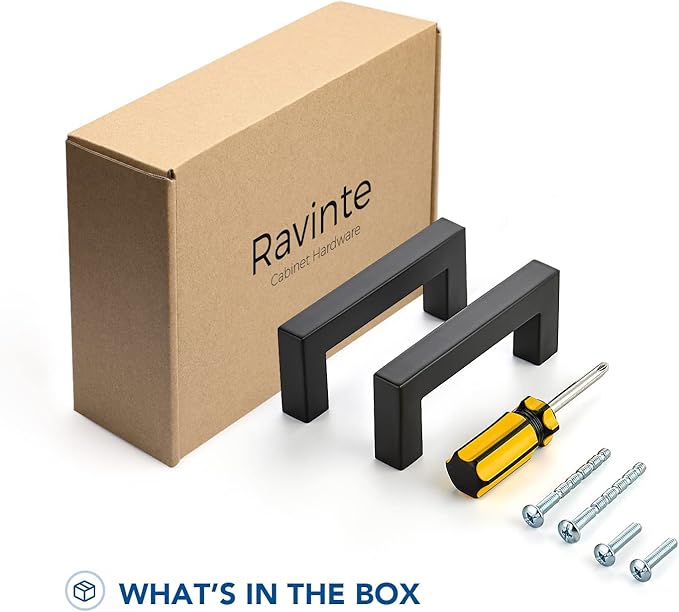 Ravinte 10 Pack Matte Black Cabinet Pulls Slim Kitchen Cabinet Handles 3 inch Hole Center Drawer Pulls Kitchen Drawer Handles Square Hardware Cupboard