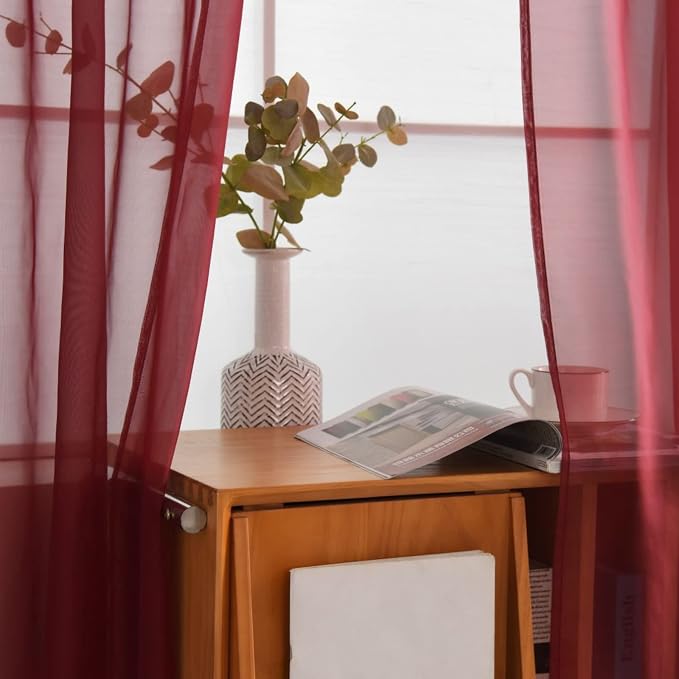 SpaceDresser Basic Rod Pocket Sheer Voile Window Curtain Panels Burgundy 1 Pair - Image 3