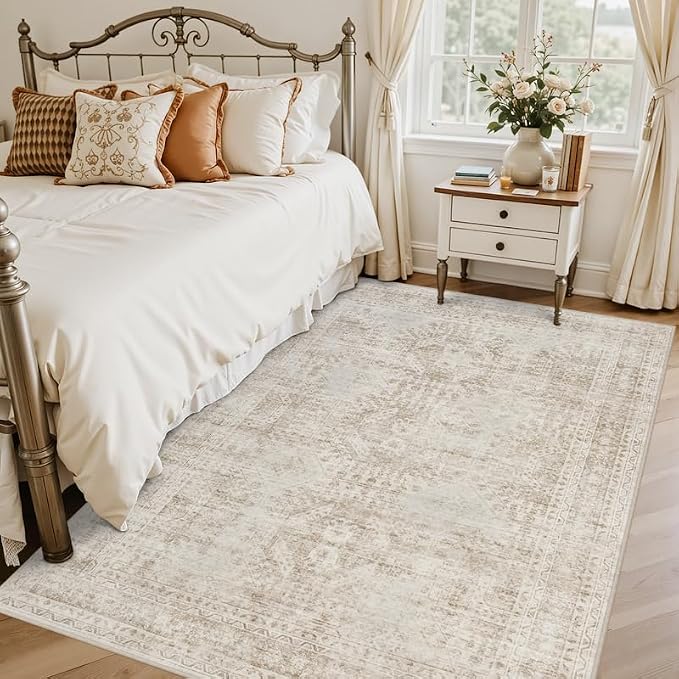 5x7 Area Rugs Living Room: Bedroom Neutral Washable Carpet Brown | Vintage Boho - Image 2
