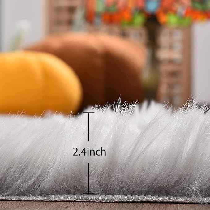 ORINOVA Silver Grey Plush Faux Sheepskin Fur Area Rugs - Image 2