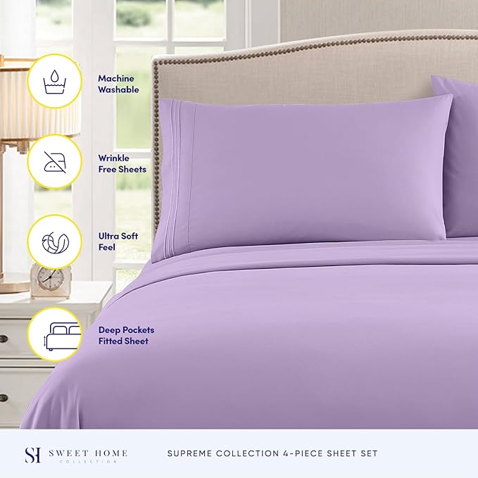 Twin Sheets - Breathable Luxury Sheets with Full Elastic & Secure Corner Straps Built In - 1800 Supreme Collection Extra Soft Deep Pocket Bedding Set, Sheet Set, Twin, Lavender