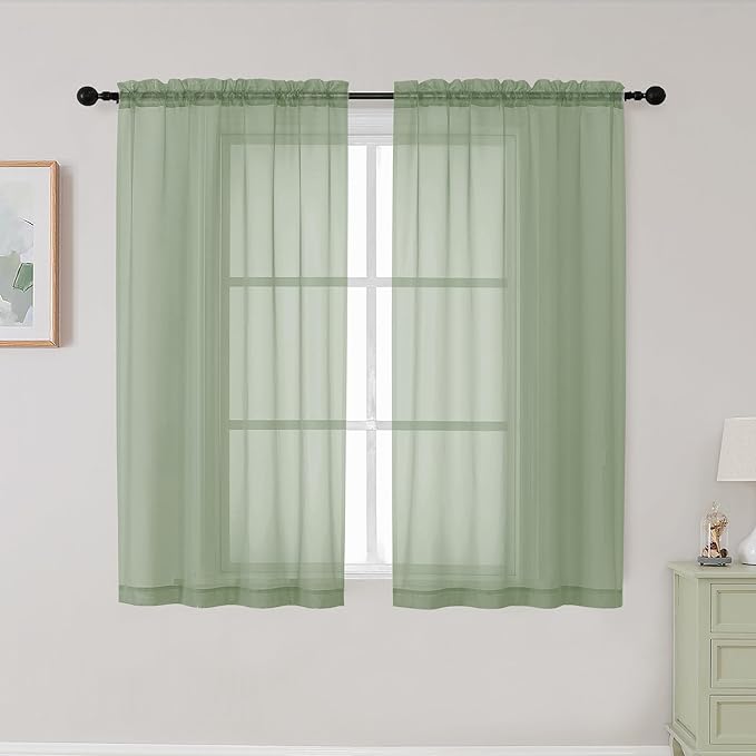 Sage Green Sheer Curtains for Bedroom Living Room 45 Inch Length 2 Panels by WelvetBLK