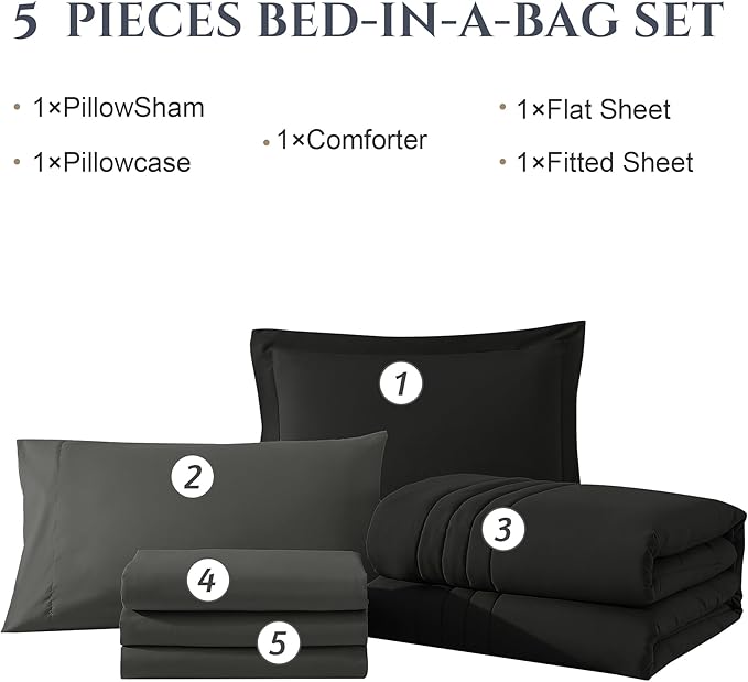 Monbix California King Size Comforter Set - 7 Pieces Bed in a Bag California King, Black Bedding Sets with Comforter, All Seasons Down Alternative Comforter Bed Set with Sheets, Pillowcases & Shams