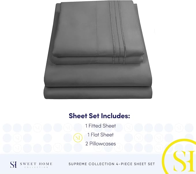 Queen Size Bed Sheets - Breathable Luxury Sheets with Full Elastic & Secure Corner Straps Built In - 1800 Supreme Collection Extra Soft Deep Pocket Bedding, Sheet Set, EXTRA DEEP pocket - Queen, Gray