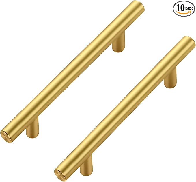 JOY DECOR 10 Pack Cabinet Handles, Gold Cabinet Pulls, 4 in Hole Center Kitchen Cabinet Handles, Stainless Steel T Bar Handles for Dresser Drawers