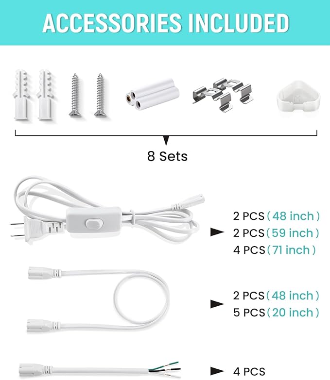 (8 Pack) Upgraded 4FT T5 LED Integrated Fixture, 6500K,20W,2300LM(Super Bright White) Linkable LED Shop Light,Garage Ceiling and Cabinet Light,Strip Light,Corded Electric with ON/Off Switch