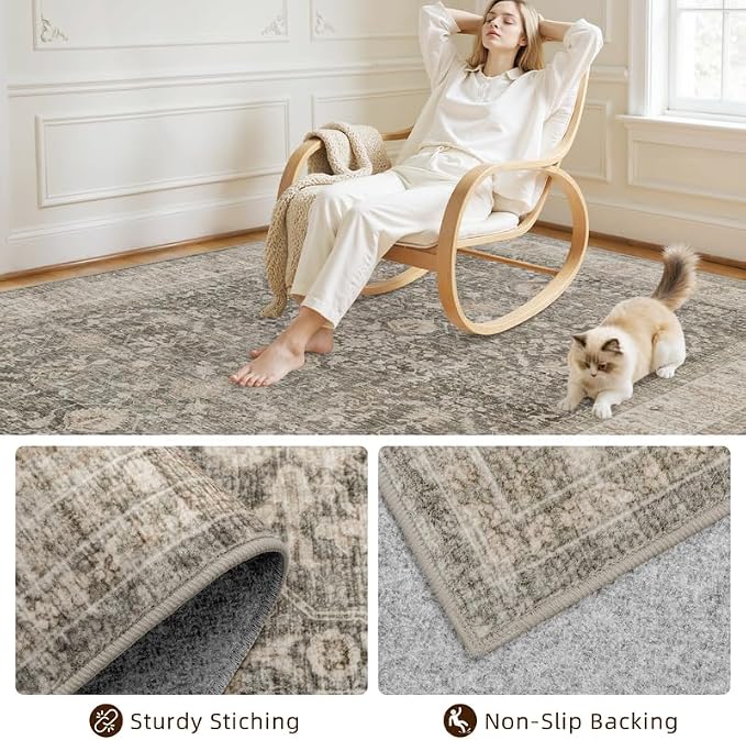 10x12 Area Rugs Living Room: Bedroom Washable Carpet Warm Taupe | Vintage Boho - Image 4