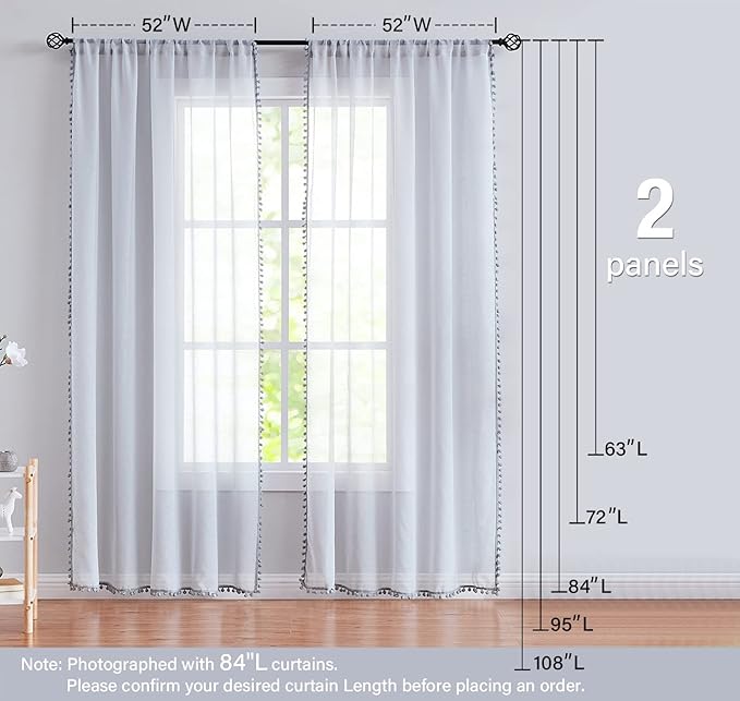 Treatmentex Pompom Sheer Curtains for Bedroom Windows 72" Light Grey Linen Texture Curtain Panels for Living Room Office 2panels