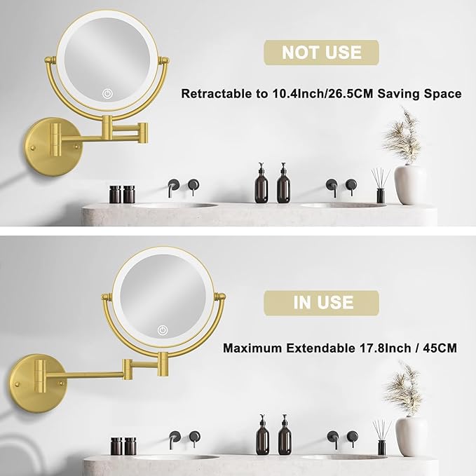 Make up Mirror Wall Mounted Lighted 10X Magnifying Hard Wired, Double Sides 3 Color Lighting Touch Dimming 360 Swivel Extended Arm Shaving Mirror for Bathroom, Brushed Gold
