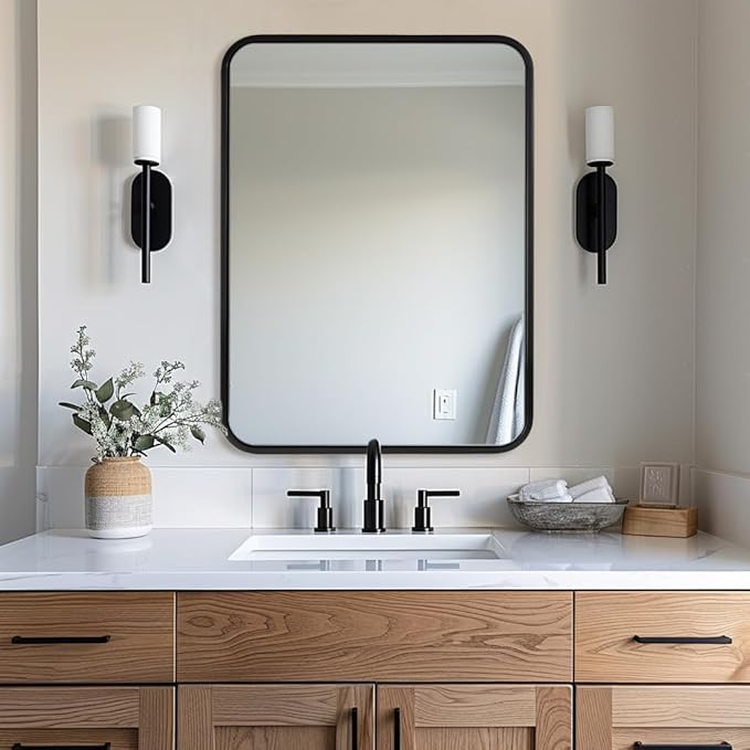 ANDY STAR 24x32 INCH Black Bathroom Mirror, Black Bathroom Vanity Mirrors for Wall, Rounded Rectangle Mirror for Bathroom, Tube Metal Frame, 1’’ Deep Wall Mounted Vertical/Horizontal