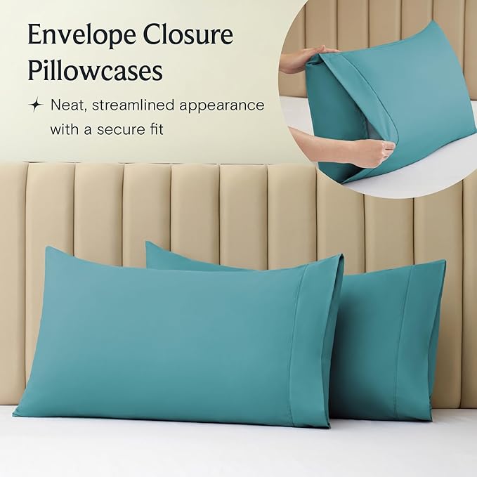 LuxClub 4 PC Queen Sheet Set, Deep Pockets Wrinkle Free Cooling Bed Sheets Hotel Bedding for Women, Men, Kids & Teens, Includes 1 Fitted Sheet, 1 Flat Sheet and 2 Pillowcases - Silky Soft Teal