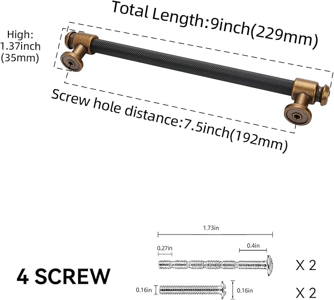 10 Pack 7-1/2 inch(192mm) Black and Antique Brass Kitchen Cabinet Handles Knurled Cabinet Pulls Black Drawer Pulls Kitchen Cabinet Hardware