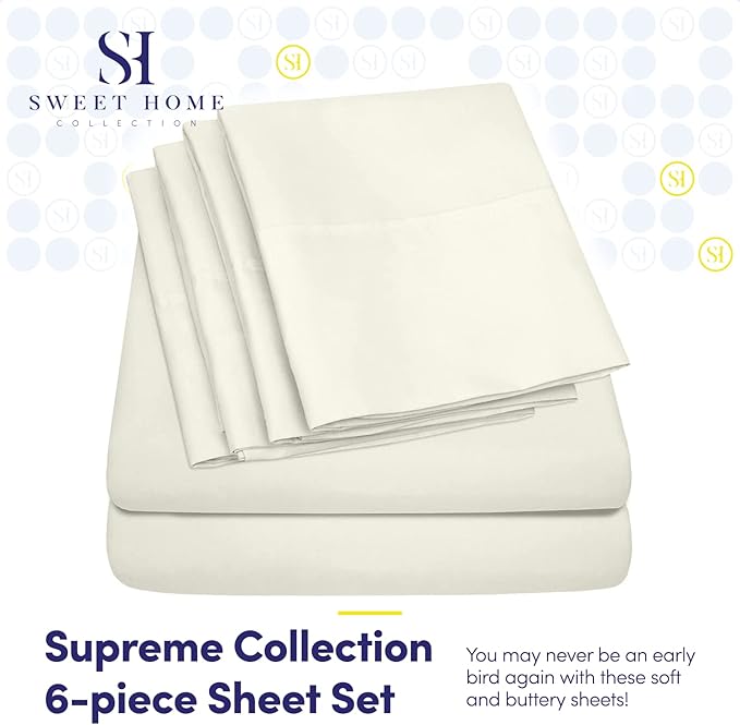 Cal King Size Bed Sheets - 6 Piece 1500 Supreme Collection Fine Brushed Microfiber Deep Pocket California King Sheet Set Bedding - 2 Extra Pillow Cases, Great Value, California King, ivory