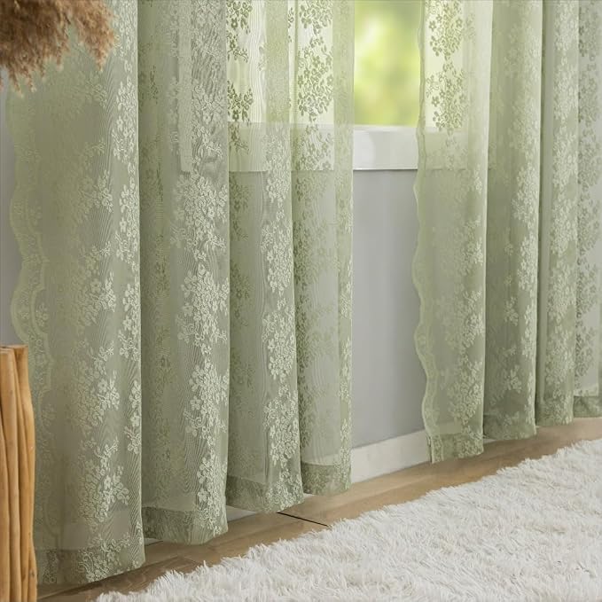 YJ YANJUN Vintage Lace Curtains 72 Inches Long- Floral Pattern Sage Green Sheer - Image 5