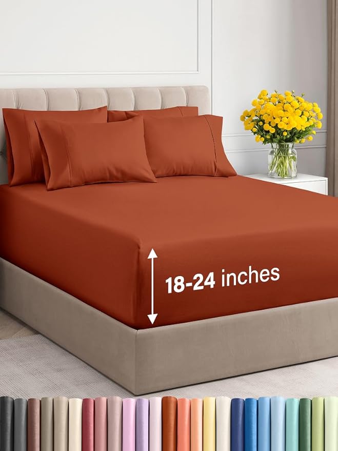 Extra Deep Full Sheet Set - 6 Piece Breathable & Cooling Sheets - Hotel Luxury Bed Sheets Set - Easy & Secure Fit - Soft, Wrinkle Free & Comfy Sheets Set - Terracotta Sheet Set with Extra Deep Pockets