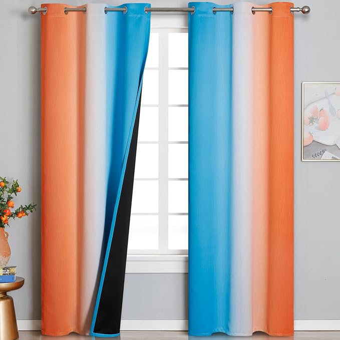 Ombre Orange and Blue Blackout Curtains 42Wx84L Inch Long | Gradient Curtains by ESTELARTEXTILER