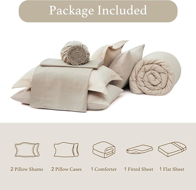 Monbix Queen Comforter Set - 7 Pieces Beige Bed in a Bag Queen Bedding Sets with Comforters, All Seasons Comforter Bed Set with Sheets,Pillowcases & Shams