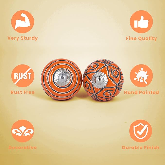Handmade Dark Orange Ceramic Stone Cabinet Knobs, Vintage Decorative Drawer Pulls for Trendy Cabinets, Modern Dressers & Cupboards, Knobs for Kitchen & Furniture - Set of 6