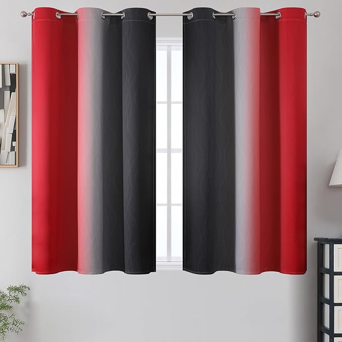 Red and Black Ombre Blackout Bedroom Curtains 45 Inch Long | Room Darkening - Image 2