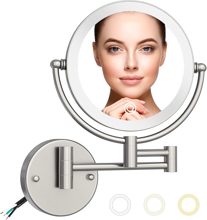 Hard Wired Makeup Mirror with Lights Wall Mounted with Magnification, 8 Inch Double Sides 10X Magnifying Bathroom Mirror 3 Color Lighting Touch Dimming, Extended Arm Shaving Mirror, Brushed Nickel
