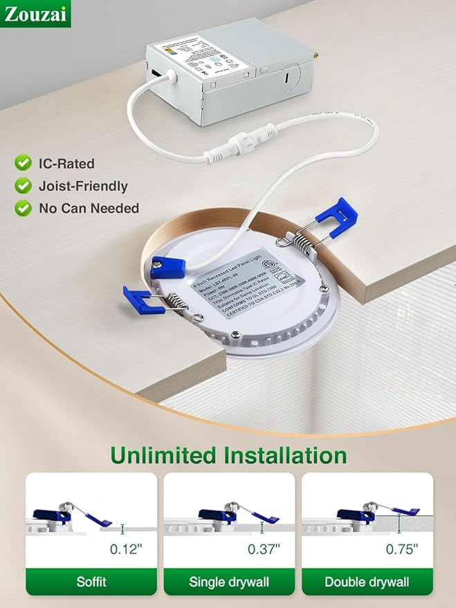 zouzai 12 Pack 4 Inch 5CCT Ultra-Thin LED Recessed Ceiling Light with Junction Box, 2700K/3000K/3500K/4000K/5000K Selectable, 9W Eqv 80W, Dimmable, led can Lights - ETL and Energy Star Certified