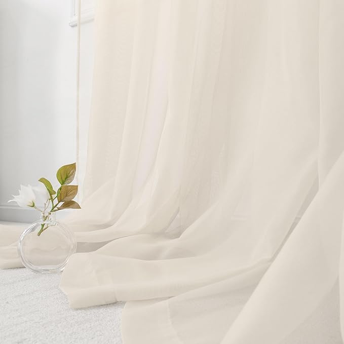 HUTO Cream Beige Sheer Curtains 63 Inch Length Rod Pocket Beige Sheer Voile Window Curtain Drapes for Bedroom Living Room 2 Panels