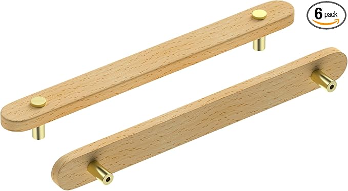 Wooden Drawer Pulls,6-Pack Beech Wood Drawer Handles 6.3in,Suitable for Kitchen, Living Room, Bedroom, Bathroom and Other Scenes,Gold