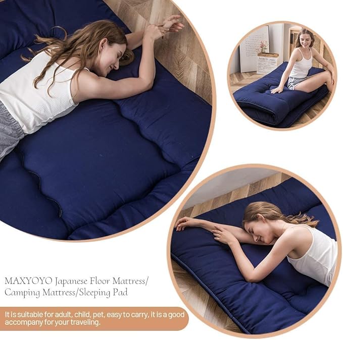 MAXYOYO Japanese Floor Mattress Futon Mattress, Thicken Tatami Mat Sleeping Pad Foldable Roll Up Mattress Boys Girls Dormitory Mattress Pad Kids Floor Lounger Pillow Bed, Navy, Twin Size
