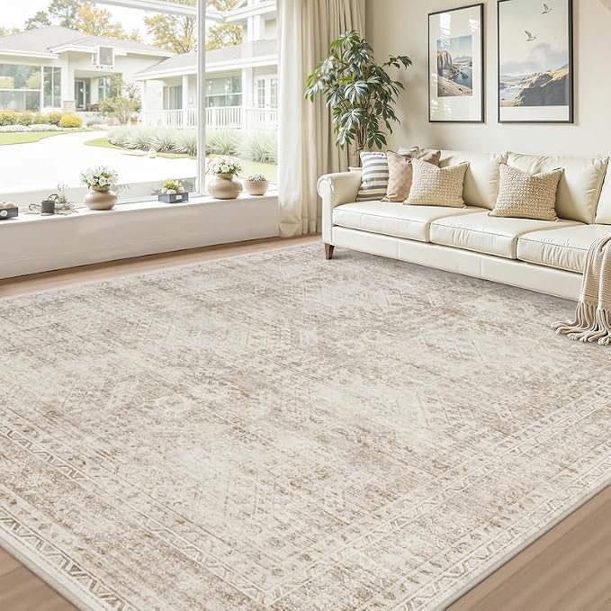 8x10 Area Rugs Living Room: Bedroom Neutral Washable Carpet Brown | Vintage - Image 9