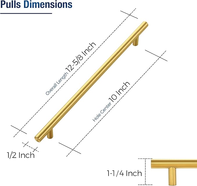 JOY DECOR 20 Pack Cabinet Handles, Gold Cabinet Pulls, 10 in Hole Center Kitchen Cabinet Handles, Stainless Steel T Bar Handles for Dresser Drawers