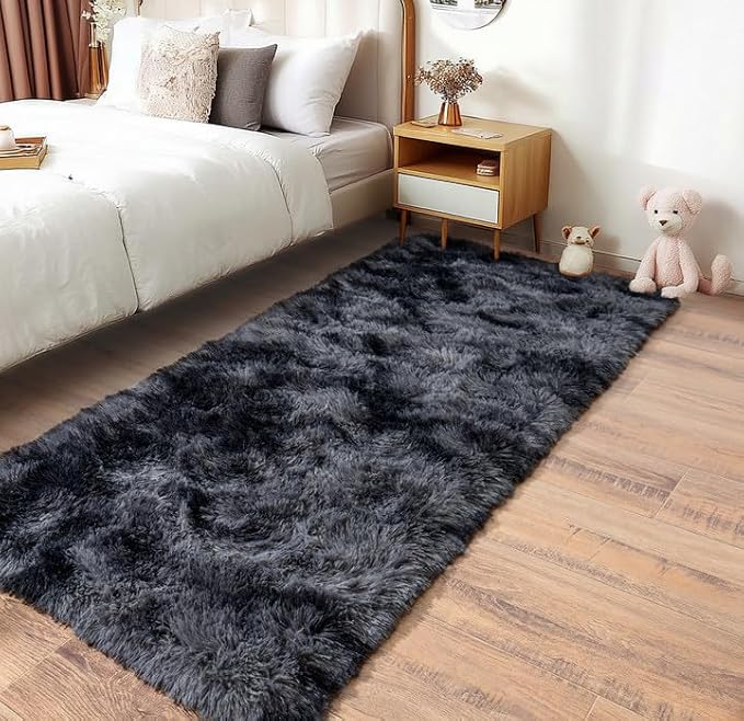 Pionblank Fluffy Runner Rugs for Bedroom 2x6, Dark Grey | Modern Shaggy Area - Image 4