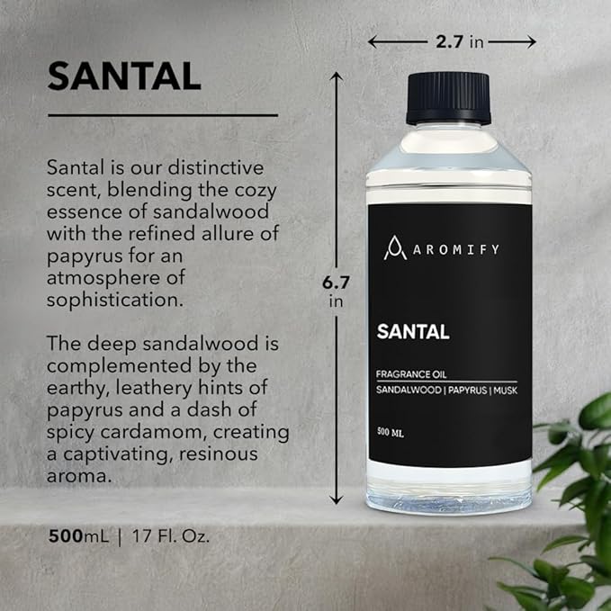 Santal Diffuser Oil, 16.9 FL Oz, 500 mL, Diffuser Fragrance Oil for Home, Bathroom & Office, Aromatherapy Blend of Natural Essential Oil, Sandalwood & Musk Scent.